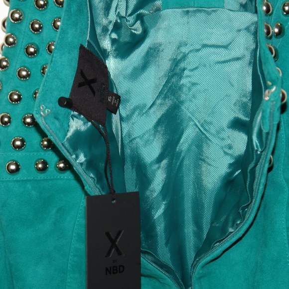 NWT X by NBD Nomi Green Suede Studded Halter Mini Dress Open Back Fringe Size XS - Picture 7 of 12